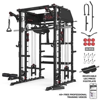 Mikolo Smith Machine Home Gym, All-in-One Power Rack with Smith Cage and Functional Trainer, Squat Rack with 2:1 Dual Pulley Cable System and Extended Forward Reach, Vertical Leg Press
