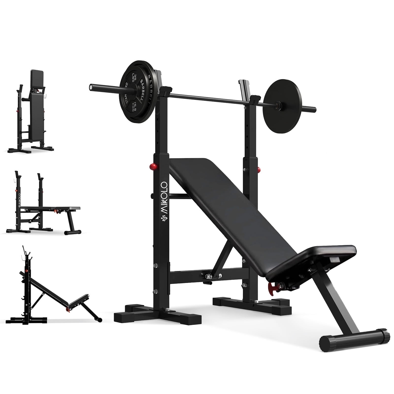 Mikolo Adjustable Weight Bench, 660LBS Foldable Bench Press with Squat Rack, Multi-functional Adjustable Flat Incline Bench for Chest, Shoulder Home Gym Equipment, Black