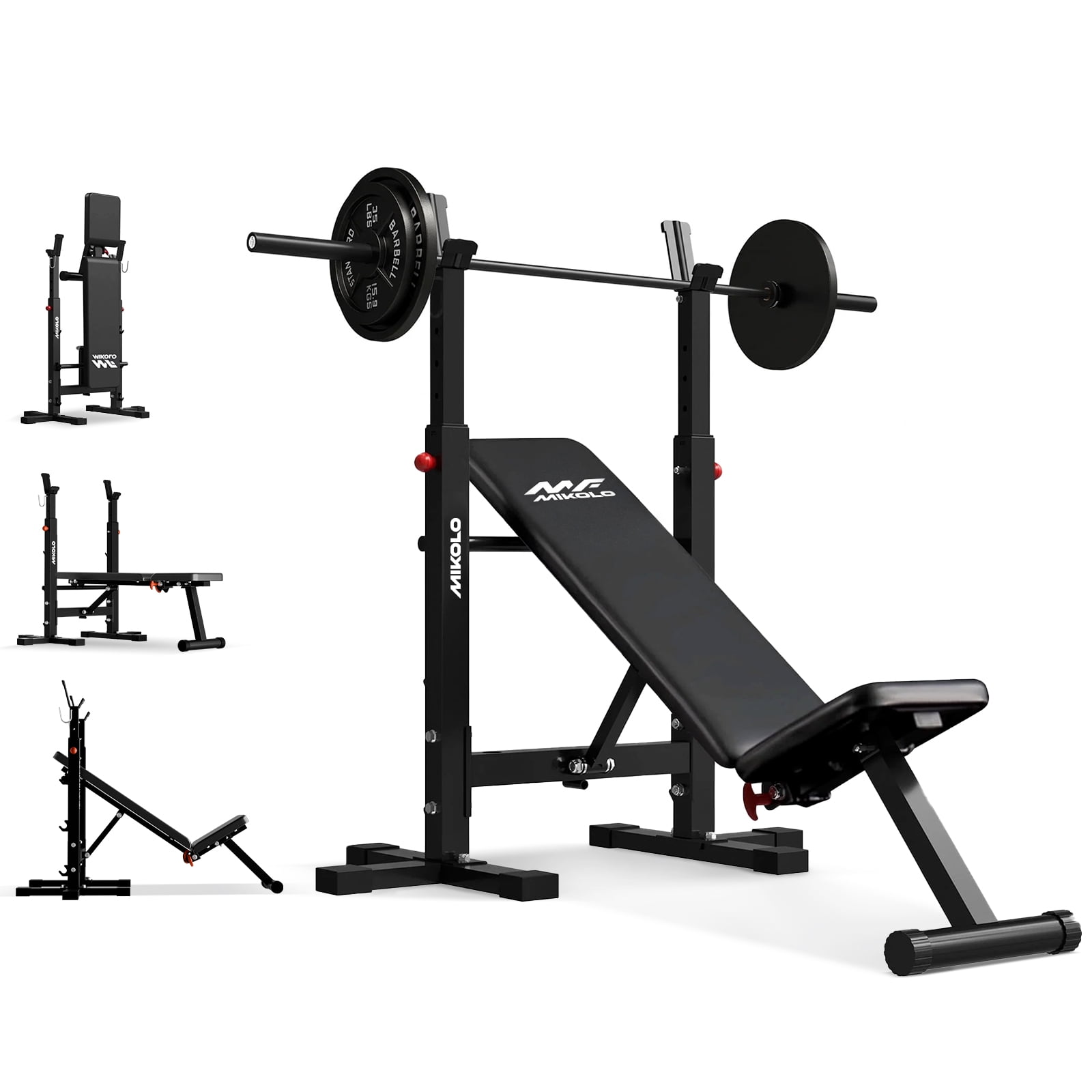 Mikolo Adjustable Weight Bench, 660LBS Foldable Bench Press with Squat Rack, Multi-functional Adjustable Flat Incline Bench for Chest, Shoulder Home Gym Equipment, Black