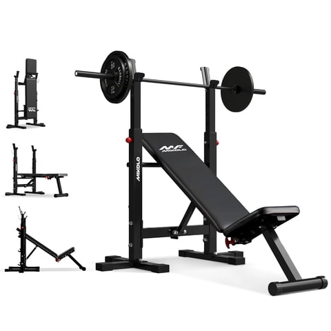 Mikolo Adjustable Weight Bench, 660LBS Foldable Bench Press with Squat Rack, Multi-functional Adjustable Flat Incline Bench for Chest, Shoulder Home Gym Equipment, Black