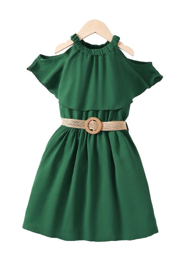 10 Years Big Girls Dress Solid Color Off The Shoulder Eneving Dress One Piece Party Dress Green