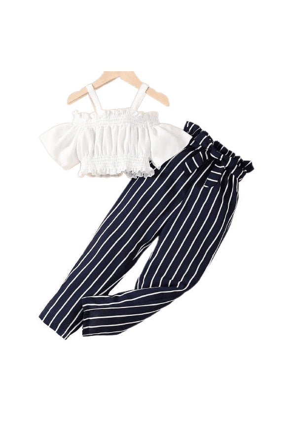 10 Years Big Girls Outfits Strpas Crops Tops Elastic Stripe Pants 2Pcs Clothes Set White