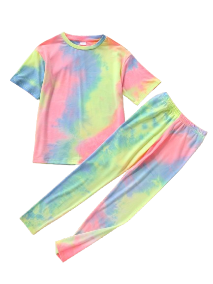 10 Years Big Girls Spring Fall Outfits Pants Set Tie-dye Short Sleeve T-shirt Elastic Pants 2Pcs Clothing 7-14Y