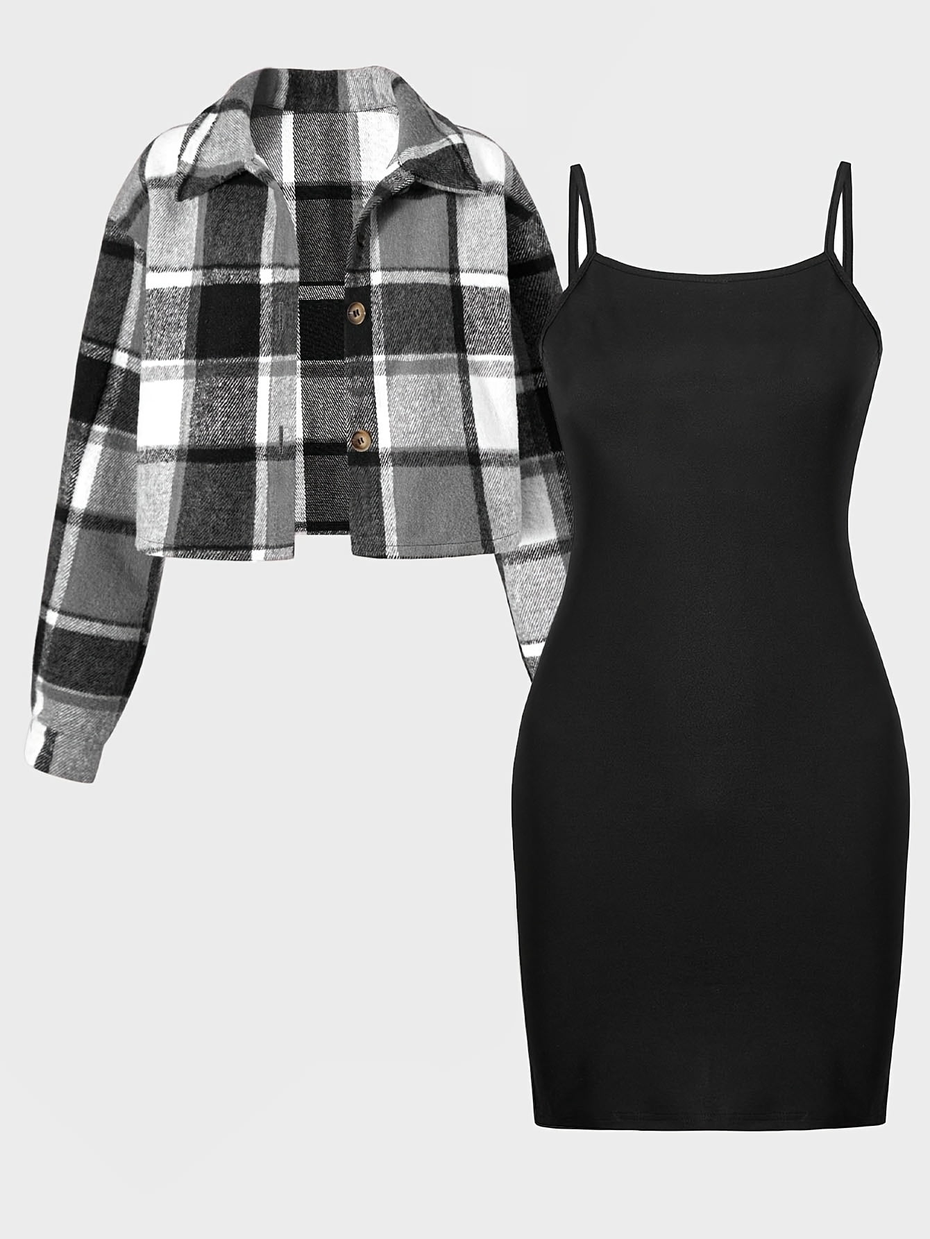 10 Years Kid Girls Outfits 8Y,9Y,10Y,11Y,12Y Big Girls Straps Dress Plaid Print Lapel Collar Cropped Coat 2Pcs Clothes Set Black