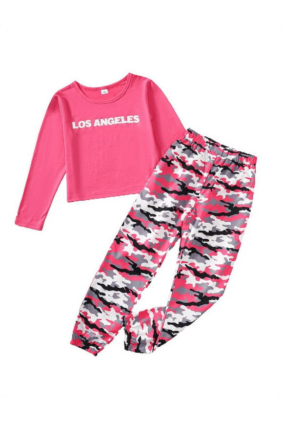 11-12 Years Big Girls 8Y,9Y,10Y,11-12Y,13-14Y Kids Girls Clothes Los Angeles Graphic Long Sleeve Casual Tops Elastic Camouflage Pants 2Pcs Spring Fall Outfits Rose Red