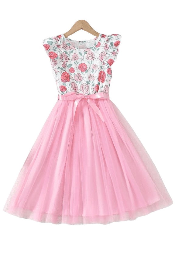 11-12 Years Big Girls Feast Dress 8Y,9Y,10Y,11-12Y Kid Girls Rose Print Ruffle Splice Gauze Sleeveless Dress One Piece Princess Dress Pink