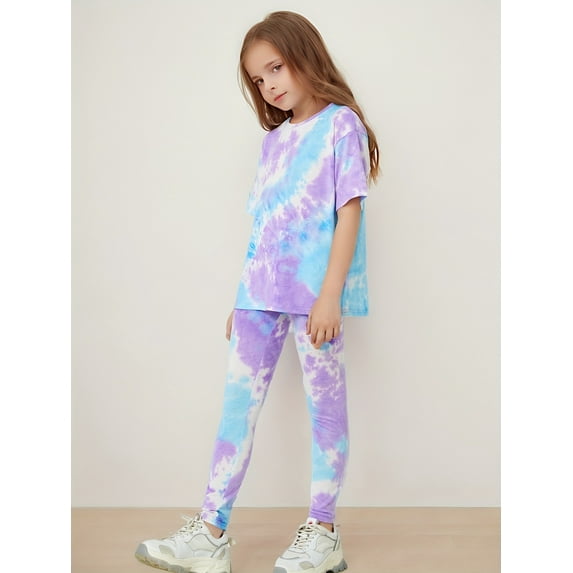 Mikrdoo 11-12 Years Big Girls Spring Fall Outfits Pants Set Tie-dye Short Sleeve T-shirt Elastic Pants 2Pcs Clothing 7-14Y