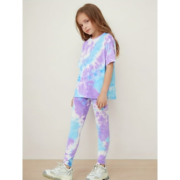 Mikrdoo 11-12 Years Big Girls Spring Fall Outfits Pants Set Tie-dye Short Sleeve T-shirt Elastic Pants 2Pcs Clothing 7-14Y