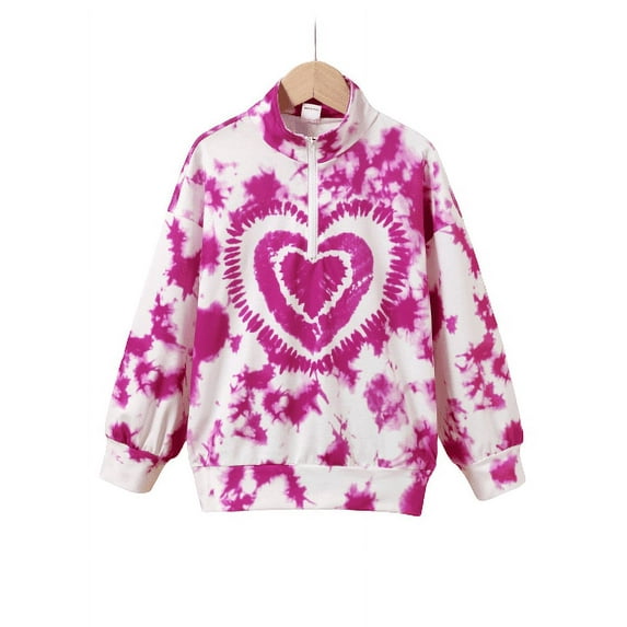 Mikrdoo 11-12 Years Big Girls Tops Tie-dye Heart Print Pullover Zipper Stand-up Collar Fall Winter Outer Casual Sweatershirt Rose Red