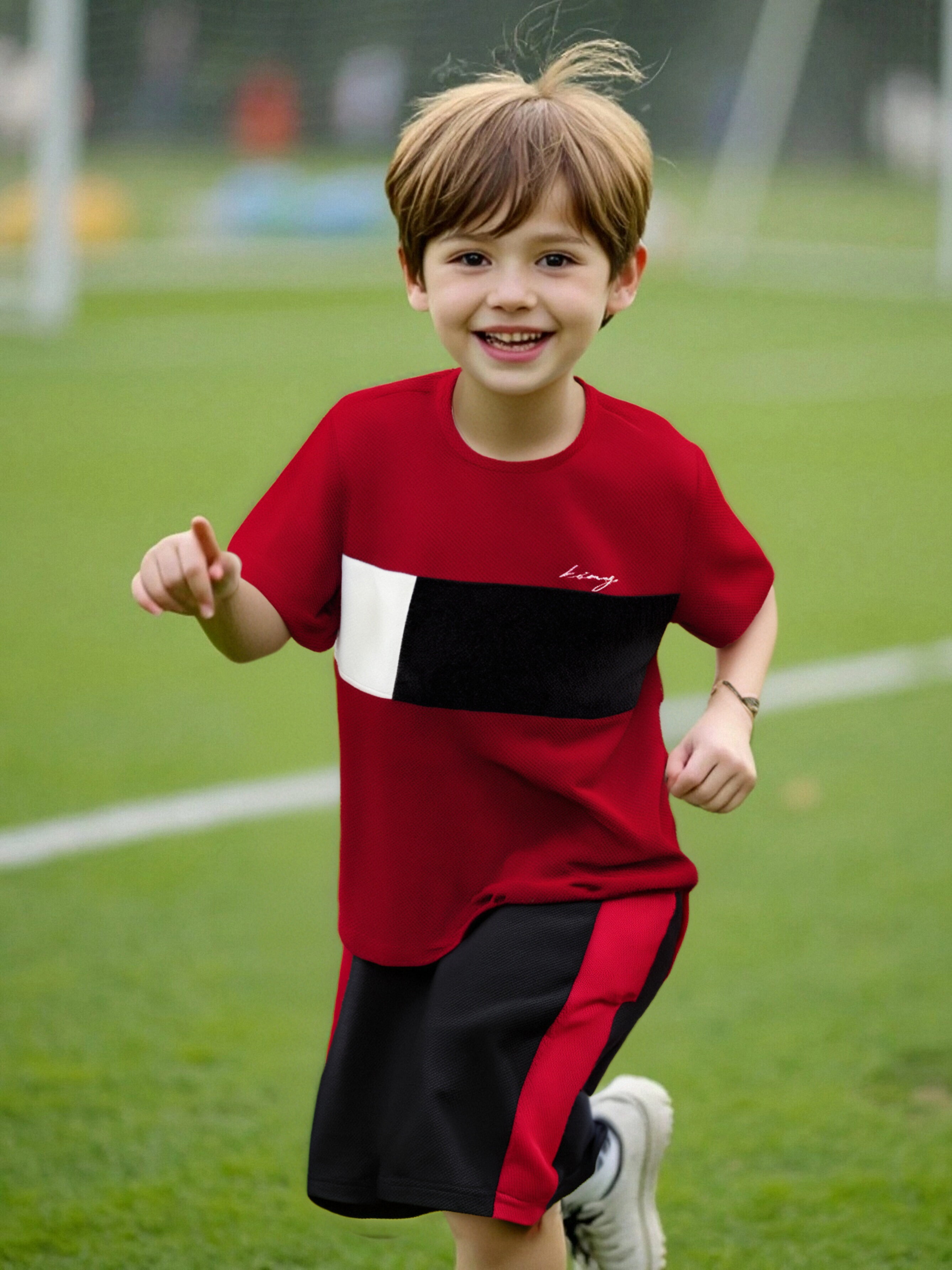 11-12 Years Kid Boys Clothes Color Block Summer Short Sleeve Casual Tee Elastic Side Splicing Shorts 2Pcs Outfits Red