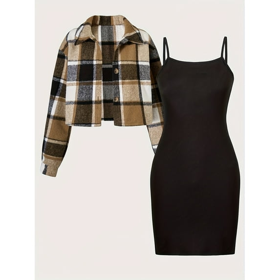 Mikrdoo 11 Years Kid Girls Outfits 8Y,9Y,10Y,11Y,12Y Big Girls Straps Dress Plaid Print Lapel Collar Cropped Coat 2Pcs Clothes Set Light Brown