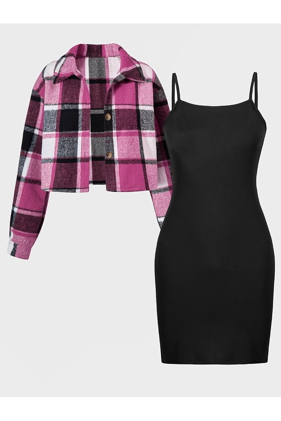 11 Years Kid Girls Outfits 8Y,9Y,10Y,11Y,12Y Big Girls Straps Dress Plaid Print Lapel Collar Cropped Coat 2Pcs Clothes Set Rose Red