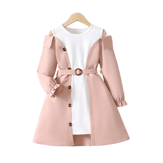 Mikrdoo 11T Big Girls Dress 12 Years Kid Girls Stylish Long Sleeve Color Block Off Shoulder Splicing Belted Dress One Piece Asymmetrical Dress For Fall Winter