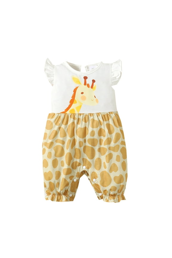 12 Months Baby Girls Romper Cartoon Giraffe Print 18 Months Girls Lovely Bodysuit Ruffle Sleeveless Playsuits One Piece Summer Bodysuits, As Gift