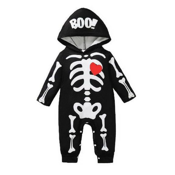 Mikrdoo 12 Months Infant Baby Boys Halloween Style Skeleton Print 18 Months Boys Casual Hooded Long Sleeve Romper Onesie Bodysuit Black