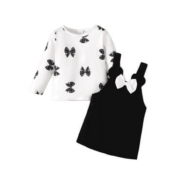 Mikrdoo 12 Months Infant Girls Clothes Bow Pattern Print Long Sleeve Tops 18 Months Baby Girls Straps Suspender Skirts 2Pcs Spring Fall Outfits Black