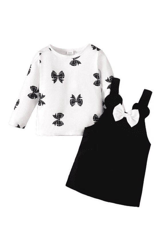 12 Months Infant Girls Clothes Bow Pattern Print Long Sleeve Tops 18 Months Baby Girls Straps Suspender Skirts 2Pcs Spring Fall Outfits Black