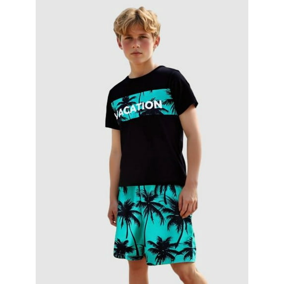 Mikrdoo Kid Boys Coconut Tree And Vacation Letter Graphic Print Short Sleeve T-shirt Elastic Shorts Set, 13-14 Years