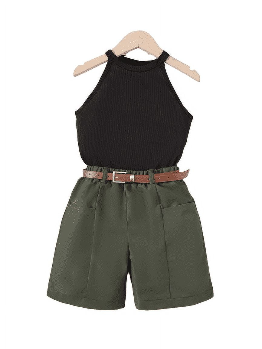 13-14 Years Big Girls 8Y,9Y,10Y,11-12Y,13-14Y Kid Girls Clothes Solid Color Halter Summer Sleeveless Tops Cargo Shorts 2Pcs Casual Outfits Green