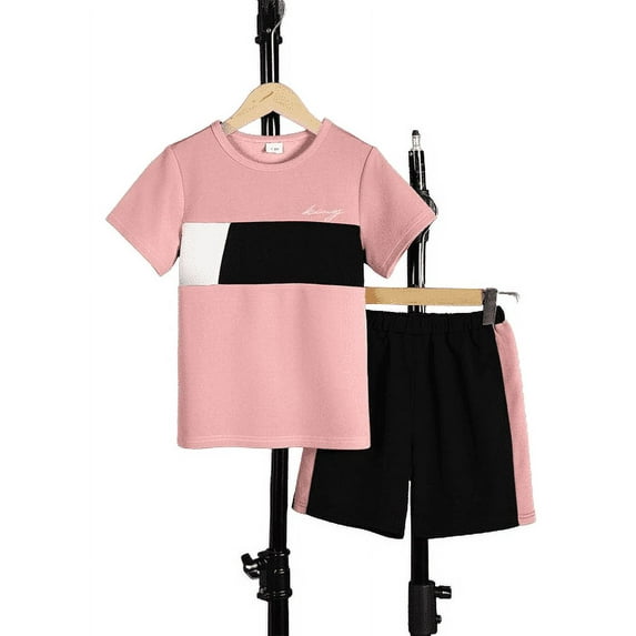 Mikrdoo 13-14 Years Kid Boys Clothes Color Block Summer Short Sleeve Casual Tee Elastic Side Splicing Shorts 2Pcs Outfits Sizes 1-15 Pink