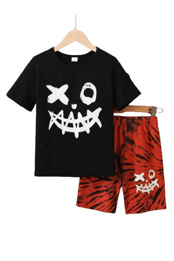 13-14 Years Kids Boys Summer Outfits Joker Face Print Casuak Tops Elastic Tiger Camo Pattern Shorts 2Pcs Clothing From 8Y-14Y Black