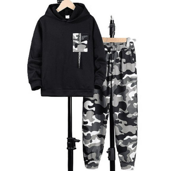 Mikrdoo 13T Big Boys Clothes Camouflage Print Flap Pocket Long Sleeve Spring Fall Hoodie Elastic Full Print Pants 2Pcs Leisure Outfit Sets 13-14 Years Black
