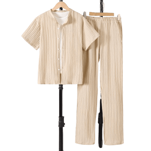 Mikrdoo 13Y Boys Outfits Texture Fabric Short Sleeve Buttons Shirt and Long Pants 2Pcs Clothes Set For Spring Autumn