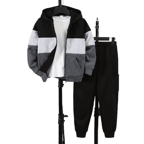 Mikrdoo 14-15 Years Big Boys Kid Boys Outfits Pants Set Color Block Long Sleeve Fall Winter Zip-up Hooded Jogges Set 2Pcs Fleece Clothing From 7Y-15Y