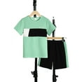 thumbnail image 1 of Mikrdoo 14-15 Years Kid Boys Clothes Color Block Summer Short Sleeve Casual Tee Elastic Side Splicing Shorts 2Pcs Outfits Sizes 1-15 Cyan, 1 of 7