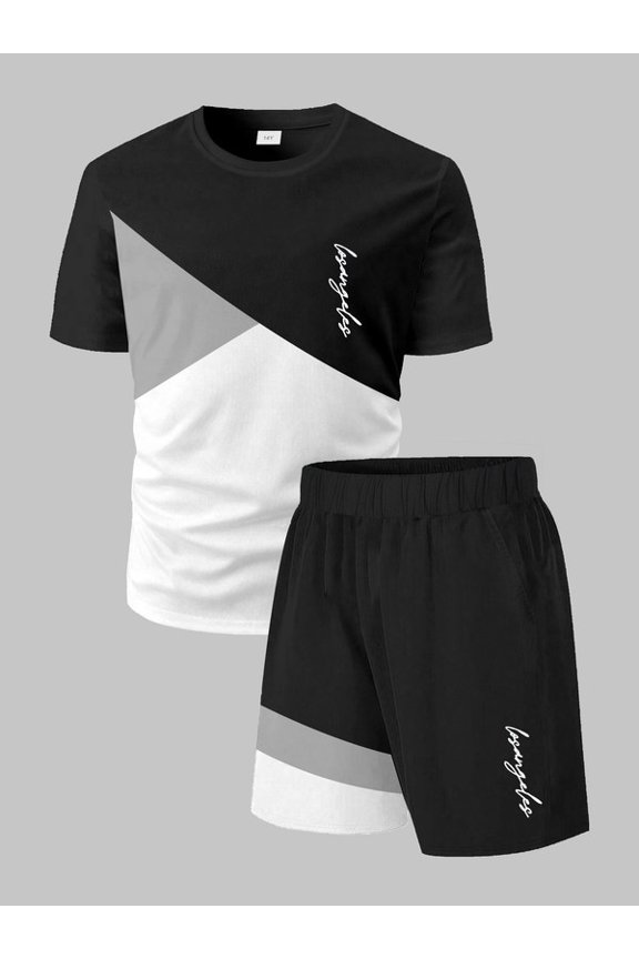 15 Years Teen Boys Short Sets Color Block Letter Graphics Short Sleeve Tops Elastic Shorts 2Pcs Summer Clothing From 13-16Y Black