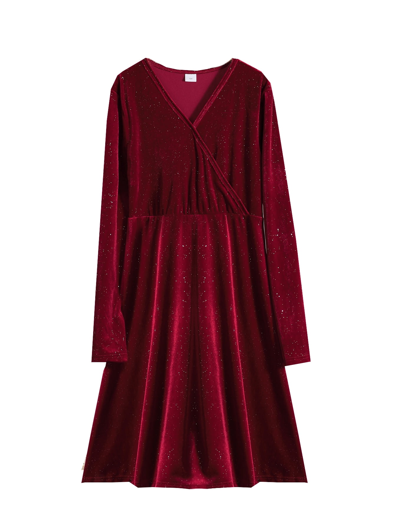 Mikrdoo 15 Years Teen Girls Dress Elegant Velvet Long Sleeve V Neck Dress Girl's Spring Festival Dress From 13-16T Red