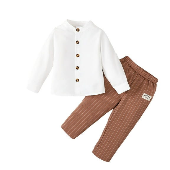 Mikrdoo 18 Months Baby Boys Outfits Buttons 24 Months Baby Boys Long Sleeve Solid Color Shirt Tops Elastic Stripe Woven Label Pants 2Pcs Clothing Sets White