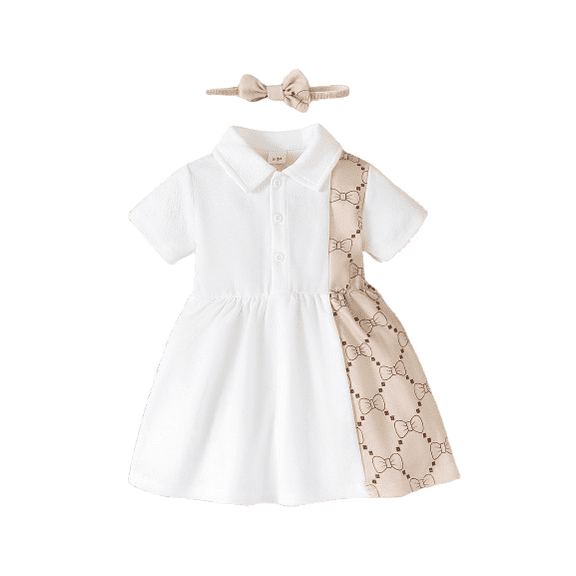 Mikrdoo 18 Months Baby Girls Cute Dress Set 24 Months Girls Summer Bow Pattern Patchwork Short Sleeve Lapel Dress with Headband Clothes