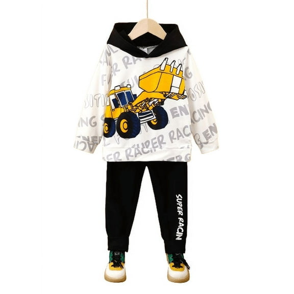 Mikrdoo 2 Years Baby Boys Clothes 3 Years Boys Outfits Excavator Print Letter Graphics Long Sleeve Casual Fall Winter Hoodies Tops Elastic Pants 2Pcs OOTD White