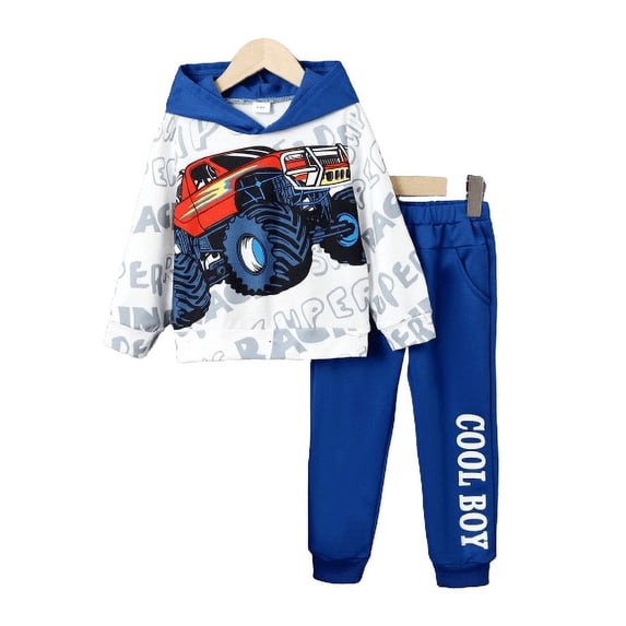 Mikrdoo 2 Years Toddler Baby Boys Clothes 3 Years Boys Outfits Car Print Letter Graphics Long Sleeve Casual Fall Winter Hoodies Tops Elastic Pants 2Pcs OOTD Blue