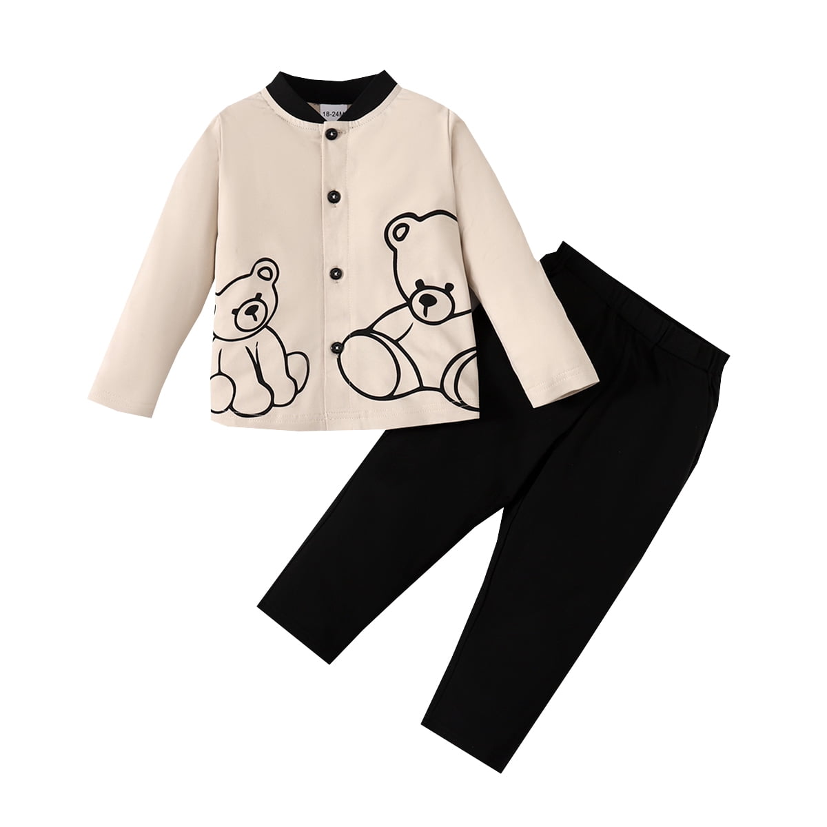 Mikrdoo 2 Years Toddler Baby Boys Outfits 3 Years Baby Boys Bear Print Button Shirt Tops Elastic Pants 2Pcs Clothes Set For Spring Fall Khaki