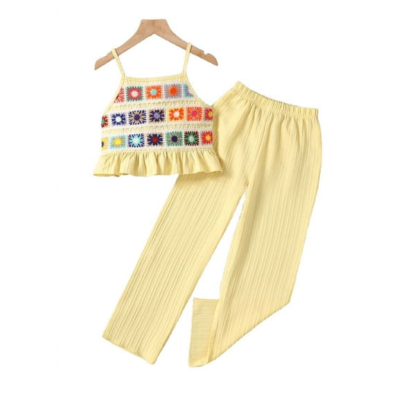 Mikrdoo 2pcs Kid Girl Clothes Yellow Floral Applique Cami Top and Elastic Pants Set, 9-10 Years