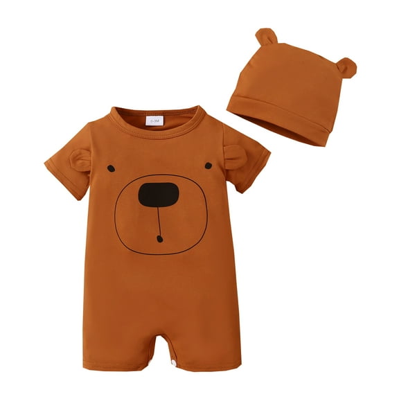 Mikrdoo 3-6 Months Newborn Baby Boys Summer Clothes Cute Bear Print Short Sleeve Bodysuits With Hat 2Pcs Romper Set,As Gift