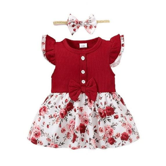 Mikrdoo 3 Months Baby Girls Clothes Splice Floral Print 6 Months Baby Girls Sleeveless Ruffle Romper Dress With Headband 2Pcs Romper Sets Red
