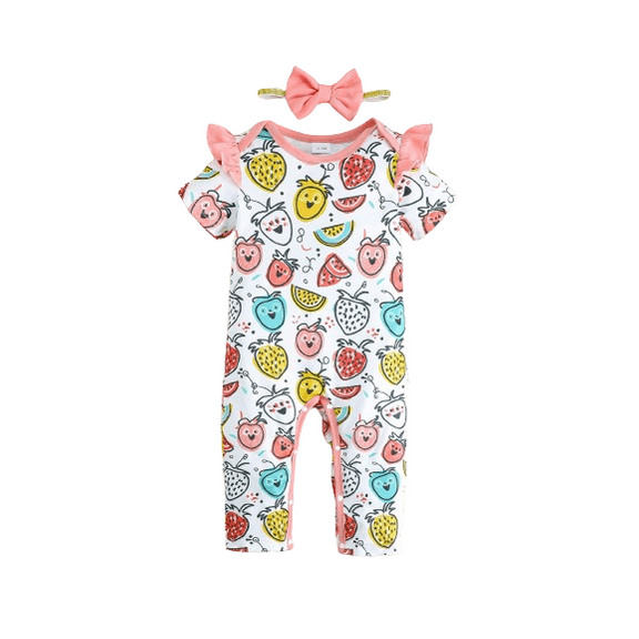 Mikrdoo 3 Months Baby Girls Summer Clothes 6 Months Fruits Print Playsuits Ruffle Short Sleeve Bodysuits With Headband 2Pcs Romper Sets White