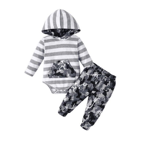 Mikrdoo 3 Months Newborn Baby Boys Outfits Fall Winter 6 Months Boys Pants Sets Stripe Pocket Long Sleeve Hoodies Romper Top Elastic Camouflage Pants 2Pcs Clothing From 0-18M
