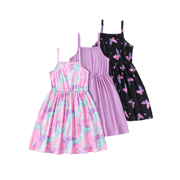 Mikrdoo 3-Pack Girls Summer Dress Set - Sleeveless Casual Occasions with Heart & Butterfly Print