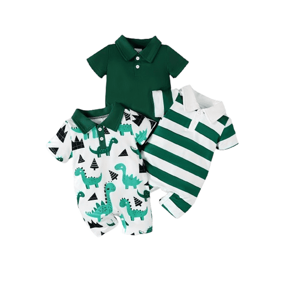 Mikrdoo 3-Packs Baby Boys Stripes/Dinosaur Turn-down Collar Bodysuits Casual Short Sleeve Rompers,As Gift Sizes 1-18M