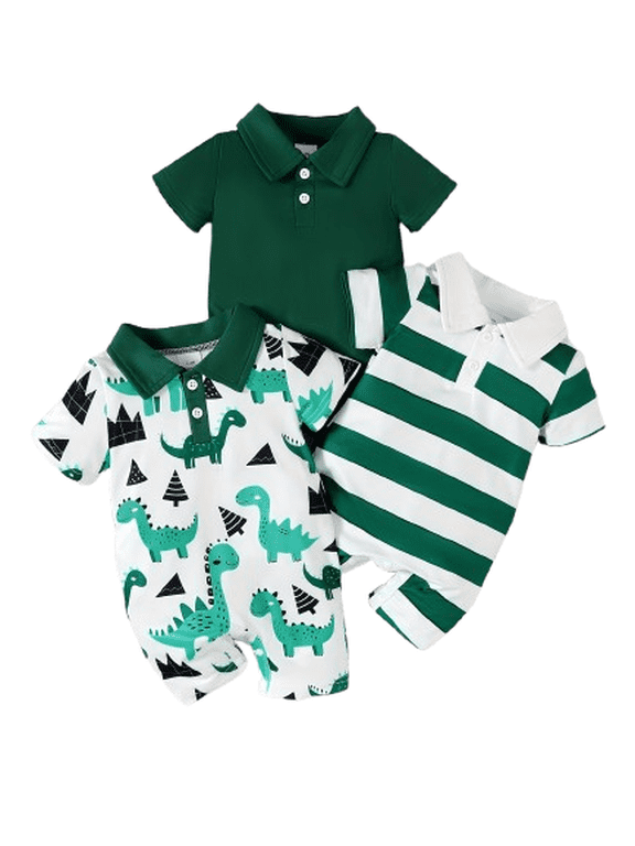3-Packs Baby Boys Stripes/Dinosaur Turn-down Collar Bodysuits Casual Short Sleeve Rompers,As Gift Sizes 1-18M