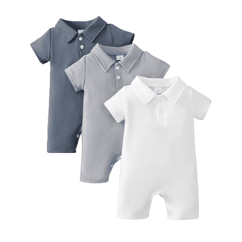 Mikrdoo 3-Packs Solid Color Turn-down Collar Bodysuits Casual Short Sleeve Rompers,As Gift Sizes 0-18M