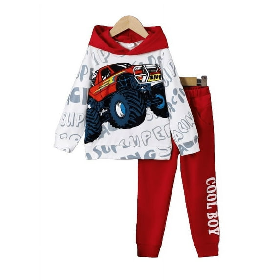 Mikrdoo 3 Years Toddler Baby Boys Clothes 4 Years Boys Outfits Car Print Letter Graphics Long Sleeve Casual Fall Winter Hoodies Tops Elastic Pants 2Pcs OOTD Red