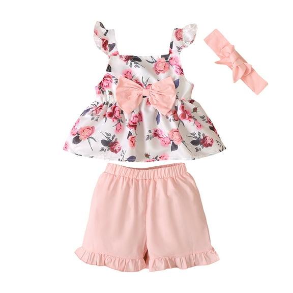 Mikrdoo 3T Baby Girls Clothes 3-4 Years Toddler Girls Floral Print Bow Sleeveless Tops Elastic Shorts Headband 3Pcs Summer Outfit Sets Pink