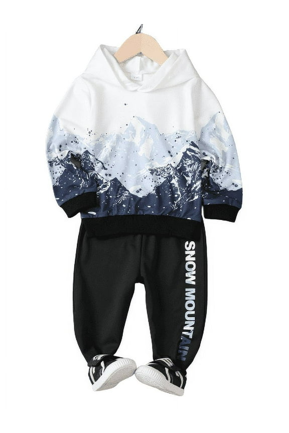3T Toddler Baby Boys Clothes Boys Outfits Snow Mountain Hoodies Elastic Pants 2Pcs OOTD White 3-4 Years