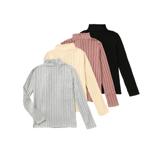 Mikrdoo 4-Pack Rib Knit Girls Tops - Long Sleeve Solid Color Mock Neck Shirts - Gray/Apricot/Pale pinkish pink