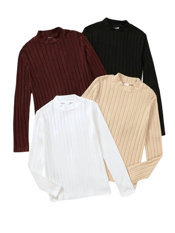 4-Pack Rib Knit Girls Tops - Long Sleeve Solid Color Ribbed Girl Shirts - White/Apricot/Brown